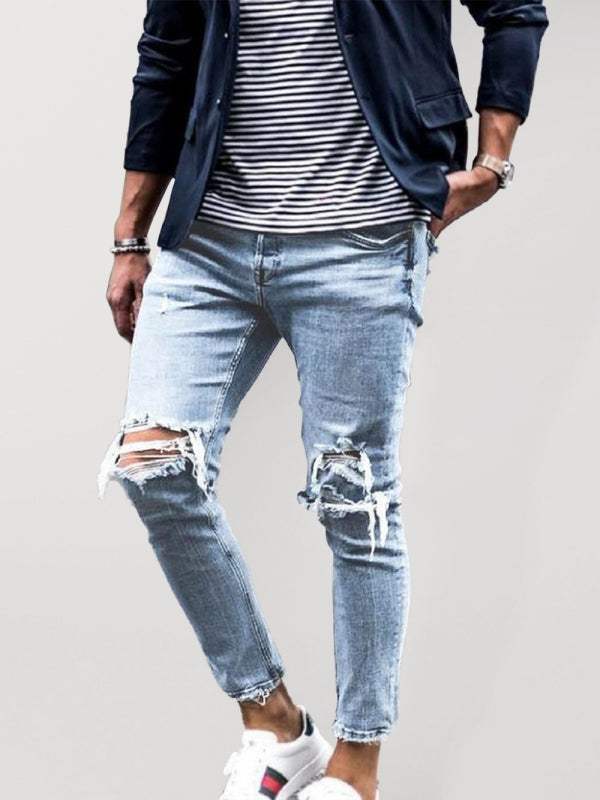 Stylish Mid-Waist Ripped Pencil Jeans for Men - Casual Comfort Meets T - Men Shirts | MENLL